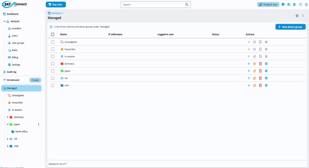 Web Portal with Managed selected in the side menu, showing a list of top-level device groups. The groups listed are Unassigned, Favourites, In session, Germany, Japan, UK, and USA. Each row includes columns for IP addresses, Logged-in user, Status and Actions, with icons for adding, editing, deleting and configuring. A New device group button is at the top.